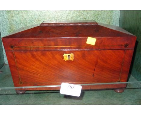19TH CENTURY MAHOGANY DOUBLE TEA CADDY SARCPOHAGUS WITH BUN FEET AND BRASS INLAY