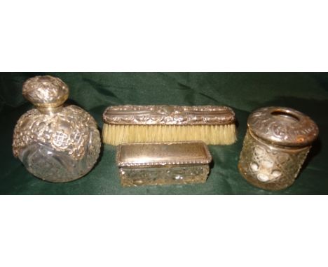 SILVER TOPPED HAIR TIDY, BIRMINGHAM [ILEGIBLE], SILVER TOPPED DRESSING TABLE ITEM - BIRMINGHAM 1904 AND SILVER TOPPED SCENT B