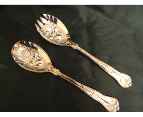 SILVER PLATED SERVING SPOON AND FORK, KING'S PATTERN WITH FRUIT DESIGN BOWLS