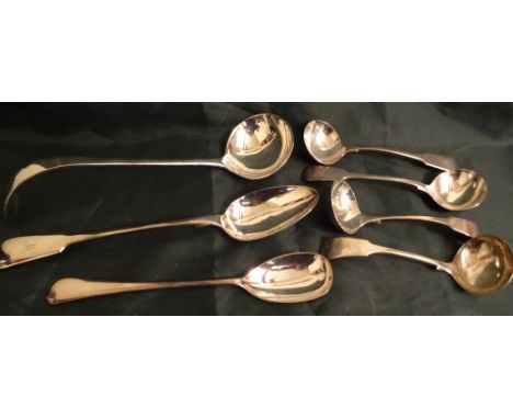 SILVER PLATED SOUP LADLE, TWO SERVING SPOONS AND FOUR SAUCE LADLES