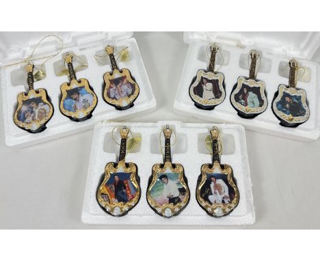 3 sets of 3 limited edition musical Elvis Presley ceramic guitar shaped hanging ornaments by Bradford Editions. A5259 Las Veg