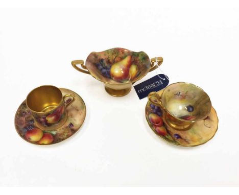 ROYAL WORCESTER SUGAR BOWLsigned 'H H Price' (Horace Price), painted with pears and grapes, of shaped oval form with twin gil