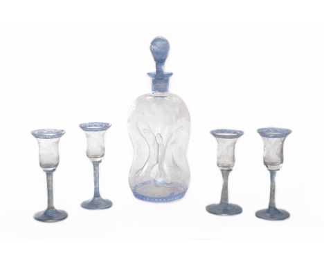 19TH CENTURY BAVARIAN WAISTED CLEAR AND BLUE PAINTED DECANTER AND STOPPER engraved with castle, hounds and scroll work, 25cm 