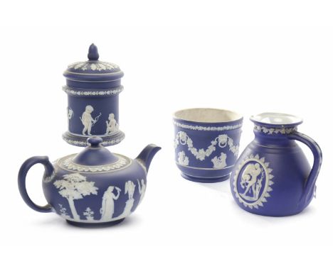 19TH CENTURY WEDGWOOD BLUE JASPER BALUSTER MILK JUG decorated with two oval classical panels, 15cm high, lacking cover ; also