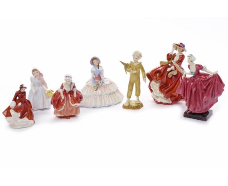 SIX ROYAL DOULTON FIGURES AND A ROYAL WORCESTER FIGURE OF PARAKEETthe Royal Doulton figures comprising Delight, Goody Two Sho