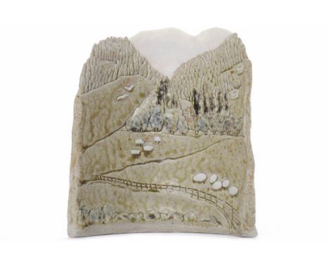 ROSEMARY WREN (1922-2013) for Oxshott Pottery, a porcelain and stoneware concave panel of a landscape, "Castle Leod, below Wy