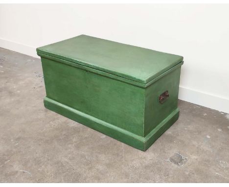 TRUNK, Victorian green painted pine with wreath decorated top, interior trays and iron handles, 50cm H x 96cm W x 47cm D. 