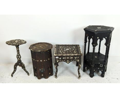 JARDINIERE STAND, Damascus, 41cm W x 82cm H, ebonised carved wood with mother pearl detail, along with an octagonal Syrian si