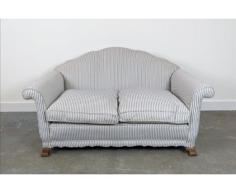 SOFA, early 20th century walnut in new ticking upholstery, 80cm H x 154cm. 