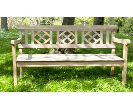 GARDEN BENCH, weathered teak with lattice back and slatted seat, jointed and dowelled, 160cm W. 