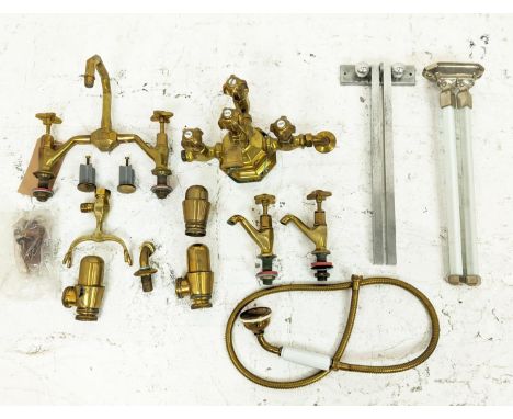 TAPS, brass, French Art Deco design, one pair of basin taps, one mixer tap and a mixer/shower bath tap and two hand towel dry