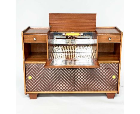 COCKTAIL CABINET, 1950s figured walnut with lift up, lit drinks compartment above two doors, 123cm W x 40cm D x 90cm H. 