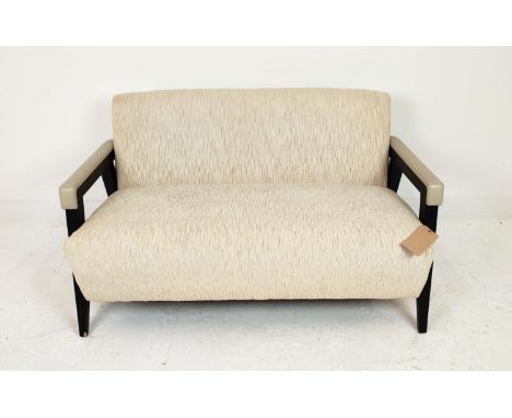 BESPOKE SOFA LONDON SOFA, neutral fabric upholstered, leather detail to arms, 130cm x 72cm x 80cm. 