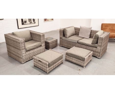 RATTAN DIRECT GARDEN FURNITURE SET, faux rattan comprising sofa 160cm L, armchair 80cm W, and footstool. (5) 