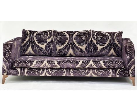 HEALS SOFA, contemporary design cut velvet with square section arms and tapering supports, 210cm W. 