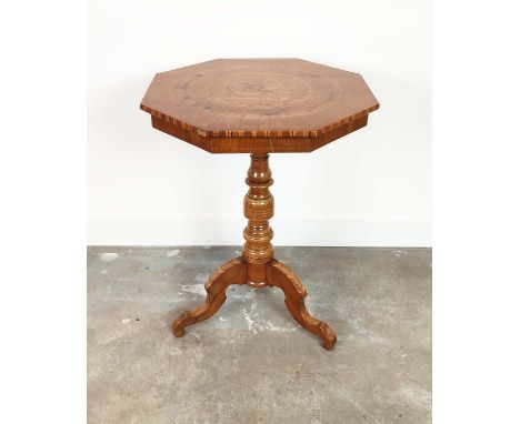 OCCASIONAL TABLE, mid 19th century Italian walnut, marquetry and parquetry with octagonal top on turned column with tripod ba