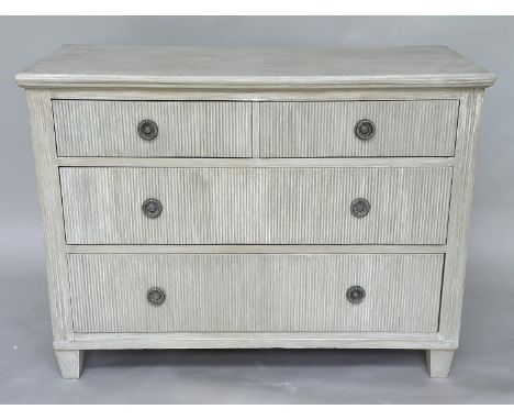GUSTAVIAN STYLE COMMODE, 19th century Continental grey painted with four drawers and tapering supports, 122cm x 52cm x 92cm H