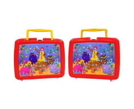 McDonalds - x2 vintage McDonalds merchandise lunch boxes with flasks. Each with yellow carry handles and original sticker dec