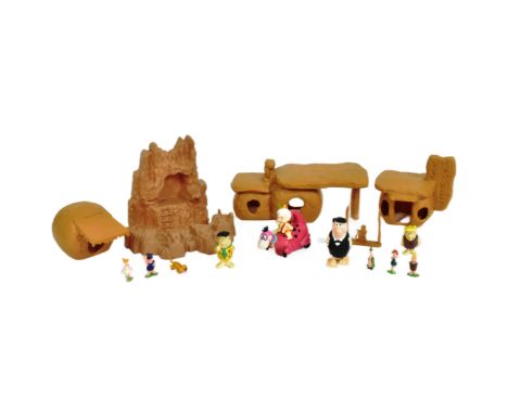 The Flintstones - Marx Toys - collection of vintage 1960s Marx Toys Hanna Barbera playset pieces and buildings. Plastic const