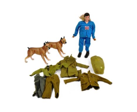 Action Man - Palitoy - vintage c1970s Action Man figure (flocked hair, rubber hands), along with a small amount of clothing /