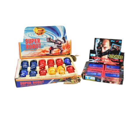 Ex Shop Stock - a vintage trade box of plastic Super Robots (box AF) and a box of 1990s Terminator 2 Judgement Day stickers.
