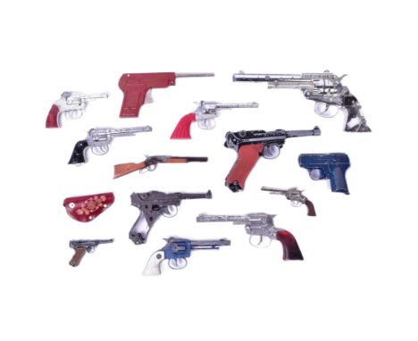 A collection of x13 vintage childrens toy pistol guns to include Crescent Toy Dakota, Rustler Gem, Lone Star Luger, Big Six G