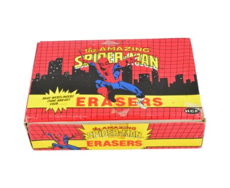 Spiderman - a vintage c1980s counter top display stock box of The Amazing Spiderman erasers. Erasers sealed, box VG+.