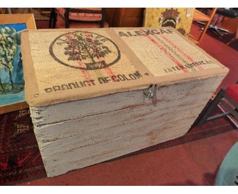 A 20th century grey painted trunk, with canvas upholstered top, H.62 D.100 D.55cm 