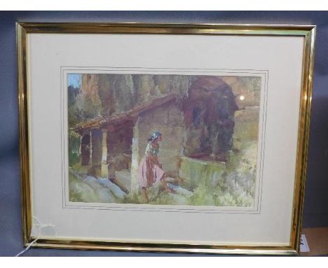 After William Russell Flint, A lady at a water fountain, print, 27 x 39cm 