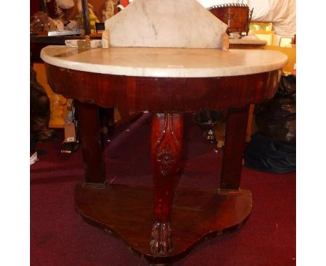 Two marble top tables; one washstand with lion's paw on bun feet, together with a gilt demi-lune console table, both 89cm dia