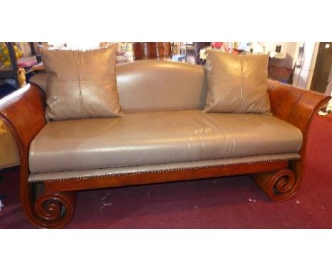 A 20th century bespoke fruitwood two seater camel back sofa, with grey leather stud bound upholstery, on scrolling legs, H.80