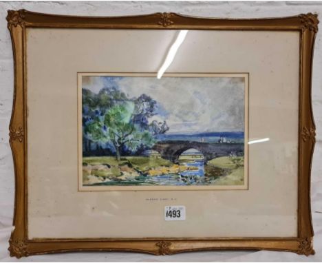 ALFRED EAST RA, river landscape with figures on bridge, 6.5" x 10" EX John Magee Fine Art Dealer, Belfast 1924