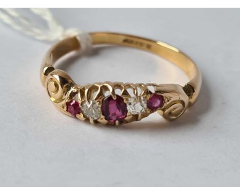 Antique Edwardian ruby &amp; diamond 5/S half hoop ring, scroll top design 18ct marked, size P