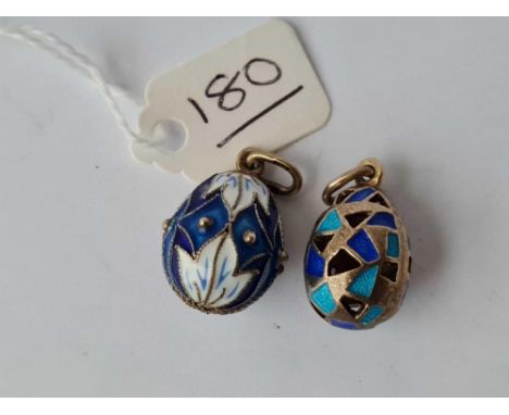 two Russian solid silver enamel egg pendants 