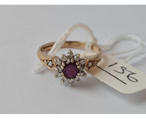A fine ruby and diamond cluster ring with diamond shoulders 9ct size M - 3.2 gms