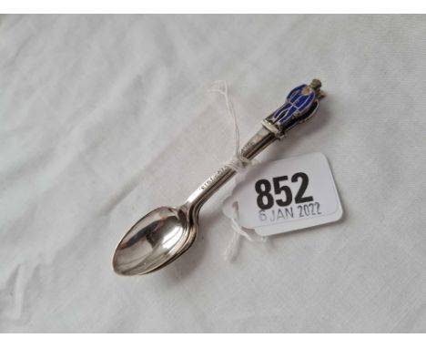 Three unusual enamel decorated coffee spoons, one stem stamped K178 - 1914 / 18 - Sheffield 1918 by CB &amp; S