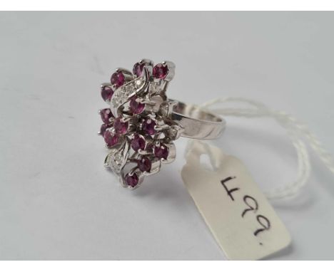 A white gold ruby and diamond cocktail ring 14ct gold size N 1/2 - 6.2 gms 