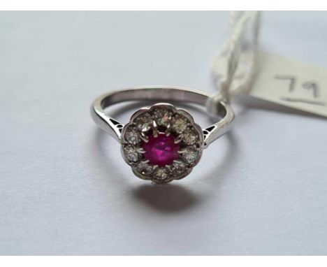 9.   1940’S ANTIQUE 18CT &amp; PLATINUM RUBY &amp; DIAMOND CLUSTER RING, SIZE O