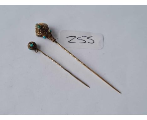 A early Victorian 15ct gold (tested) turquoise stick pin (2.2 gms ) and turquoise pin (1.2 gms) 