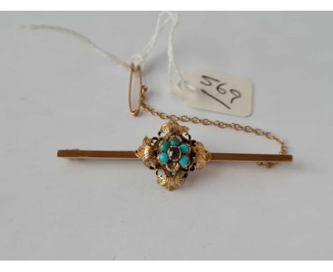 A early Victorian turquoise and ruby quatraform brooch 15ct gold - 5.5 gms (one turquoise deficient)