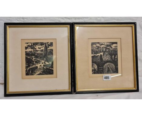 Initialed FM, pair of black and white prints of war scenes