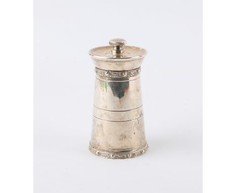 Silver pepper grinder, of tower form with Celtic bands, Mappin & Webb, Birmingham 1970, 9 cm high