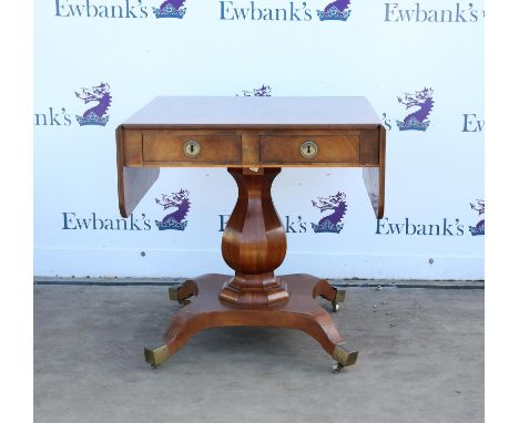 19th century walnut sofa table with two single drawers, one with covered compartments, on carved bulbous column and quatrefoi