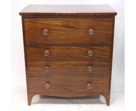 Early 19th century mahogany and ebony strung secretaire chest, the fall front enclosing a leather surface, pigeon holes and d