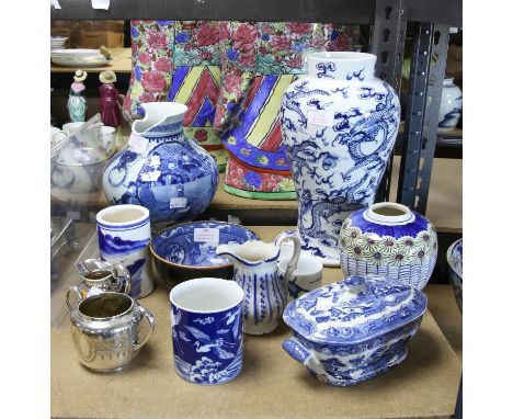 Chinese blue and white vase decorated with figures, (damaged), other Oriental and English china and a silver plated sugar bow