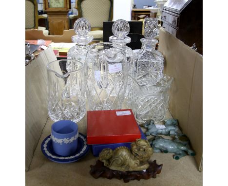 Three decanters, three jugs, decanter labels, pair of Chinese hardstone horses, Chinese hardstone carving of two lions and ot