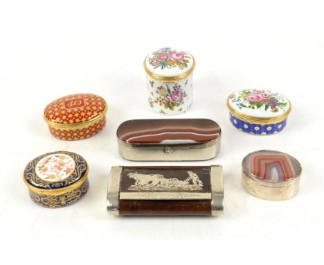 Collection of six enamel snuff boxes, to include one Spode, three Halcyon Days, and two unmarked boxes, with French wooden sn