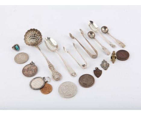 Scottish silver straining ladle with shell form bowl, 17 cm, Glasgow 1836, various other silver tongs and spoons, a brass nov