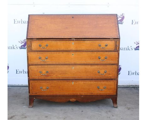 Early 19th century satinwood and lozenge banded bureau, the slope enclosing a fitted interior of drawers, pigeon holes and cu