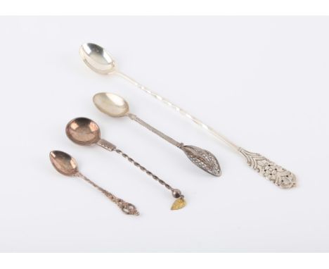 Elongated silver spoon with twist design stem and 3 ornate varied designs 830 s grade spoons